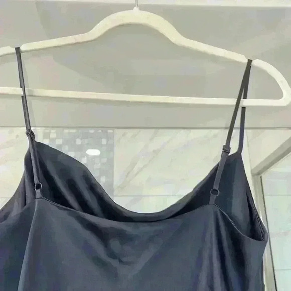 Express Charcoal Gray Satin Cowl Neck Front Side Slit Sleeveless Midi Slip Dress - Picture 9 of 12